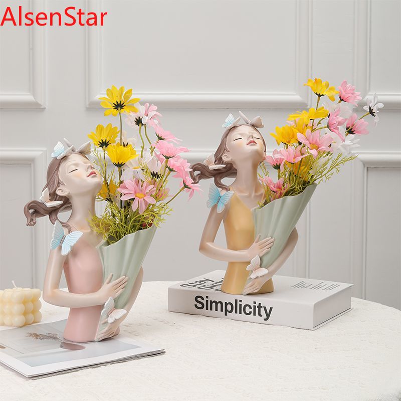 Resin Art Dining Table - Nordic Flower Girl Art Vase Ornaments